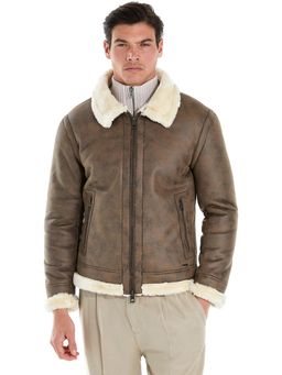 Guess - Brown Polyurethane Solid Shearling Aviator Jacket