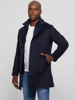 Guess - Navy Blue Polyester Blend Solid Notch Lapel Coat