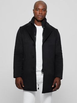 Guess - Black Polyester Blend Solid Notch Lapel Coat