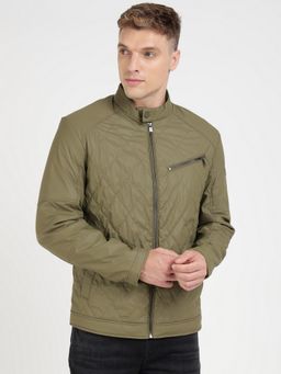 Guess - Olive Polyurethane Solid Quilted Biker Jacket