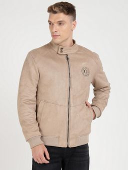 Guess - Beige Polyester Blend Solid Harrington Jacket