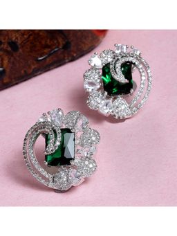 Karatcart - Silver Tone Green Floral American Diamond Drop Earrings for Women