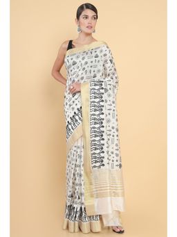 Soch - Women White Tassel Printed Saree with Unstitched Blouse