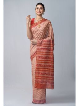 Unnati Silks - Beige Pure Block Printed Mulmul Cotton Saree with Unstitched Blouse