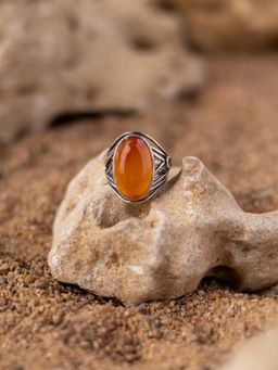Stone Story By Shruti - Orange Rhodium-Plated Carnelian Adjustable Finger Ring