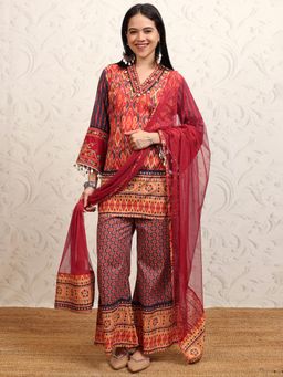 VISHUDH - Women Rust Printed Tunic with Palazzo & Dupatta (Set of 3)