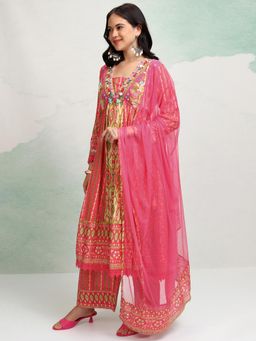 VISHUDH - Women Pink Printed Anarkali Kurta with Palazzo & Dupatta (Set of 3)