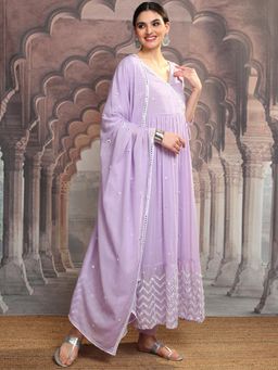 VISHUDH - Women Lavender Embroidered Angrakha Kurta with Pant & Dupatta (Set of 3)