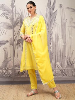 VISHUDH - Women Yellow Embroidered Kurta with Pant & Dupatta (Set of 3)