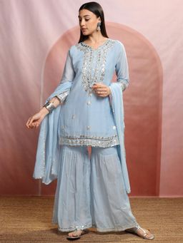 VISHUDH - Women Blue Embroidered Kurti with Sharara & Dupatta (Set of 3)
