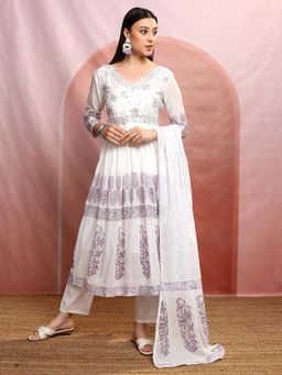 VISHUDH - Women White Printed Anarkali Kurta with Pant & Dupatta (Set of 3)