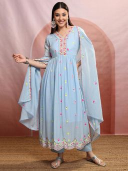 VISHUDH - Women Blue Embroidered Anarkali Kurta with Pant & Dupatta (Set of 3)