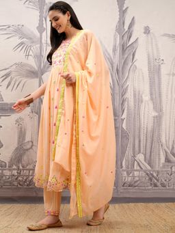 VISHUDH - Women Peach Embroidered Anarkali Kurta with Pant & Dupatta (Set of 3)