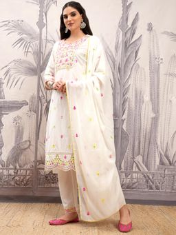 VISHUDH - Women Off White Embroidered Kurta with Pant & Dupatta (Set of 3)