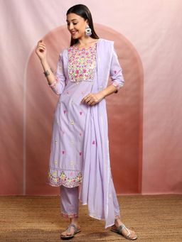 VISHUDH - Women Lavender Embroidered Kurta with Pant & Dupatta (Set of 3)