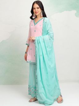 VISHUDH - Women Multi-Color Embroidered Kurti with Sharara & Dupatta (Set of 3)