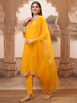 VISHUDH - Women Mustard Embroidered Kurta with Pant & Dupatta (Set of 3)