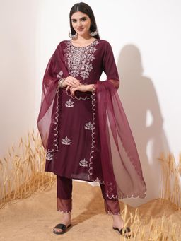 VISHUDH - Women Maroon Embroidered Kurta with Pant & Dupatta (Set of 3)
