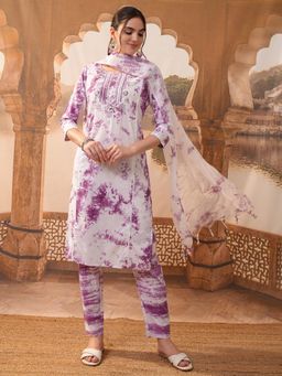 VISHUDH - Women Purple Printed Kurta with Pant & Dupatta (Set of 3)