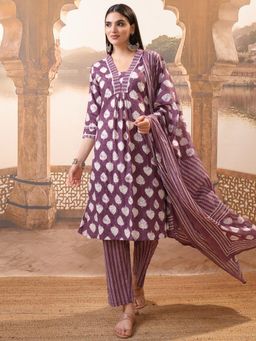 VISHUDH - Women Wine Printed Kurta with Pant & Dupatta (Set of 3)