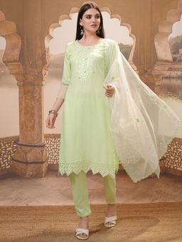 VISHUDH - Women Green Embroidered Kurta with Pant & Dupatta (Set of 3)