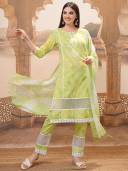 VISHUDH - Women Green Embroidered Kurta with Pant & Dupatta (Set of 3)