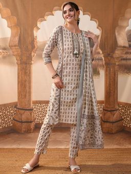 VISHUDH - Women Cream Floral Kurta with Pant & Dupatta (Set of 3)