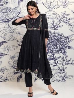 VISHUDH - Women Black Embroidered Kurta with Pant & Dupatta (Set of 3)