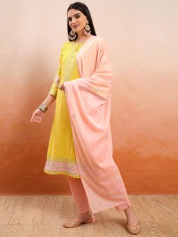VISHUDH - Women Yellow Self Design Kurta with Pant & Dupatta (Set of 3)
