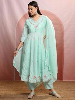 VISHUDH - Women Green Embroidered Anarkali Kurta with Pant & Dupatta (Set of 3)