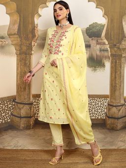VISHUDH - Women Yellow Embroidered Kurta with Pant & Dupatta (Set of 3)