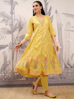 VISHUDH - Women Mustard Embroidered Kurta with Pant & Dupatta (Set of 3)