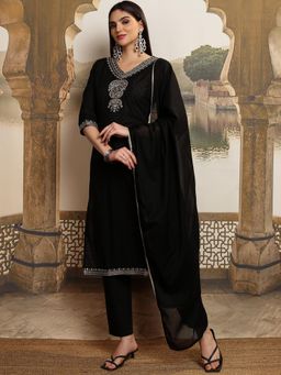 VISHUDH - Women Black Embroidered Kurta with Pant & Dupatta (Set of 3)