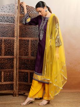 VISHUDH - Women Purple Embroidered Kurta with Palazzo & Dupatta (Set of 3)