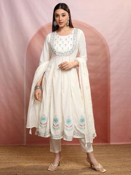 VISHUDH - Women Off White Embroidered Anarkali Kurta with Pant & Dupatta (Set of 3)
