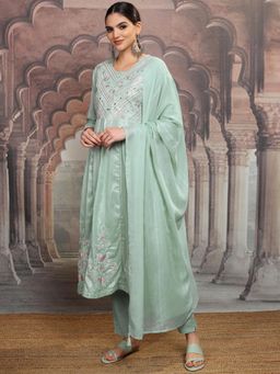 VISHUDH - Women Green Embroidered Anarkali Kurta with Pant & Dupatta (Set of 3)