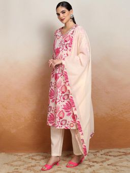 VISHUDH - Women Pink Floral Kurta with Pant & Dupatta (Set of 3)