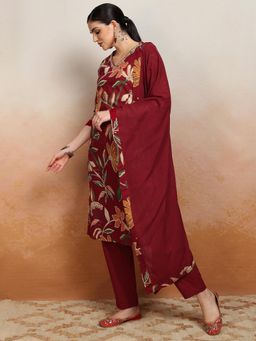 VISHUDH - Women Maroon Floral Kurta with Pant & Dupatta (Set of 3)