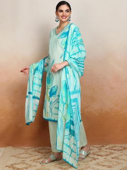 VISHUDH - Women Turquoise Printed Kurta with Pant & Dupatta (Set of 3)