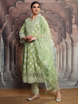VISHUDH - Women Green Printed Anarkali Kurta with Pant & Dupatta (Set of 3)