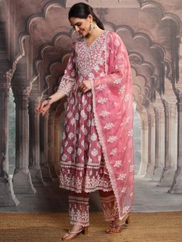 VISHUDH - Women Pink Printed Anarkali Kurta with Pant & Dupatta (Set of 3)
