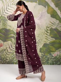 VISHUDH - Women Wine Embroidered Kurta with Palazzo & Dupatta (Set of 3)