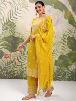 VISHUDH - Women Mustard Embroidered Kurta with Palazzo & Dupatta (Set of 3)