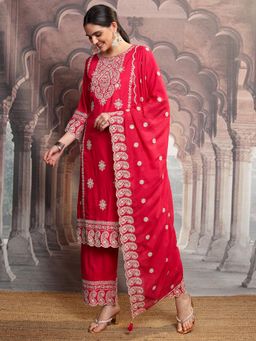 VISHUDH - Women Red Embroidered Kurta with Palazzo & Dupatta (Set of 3)