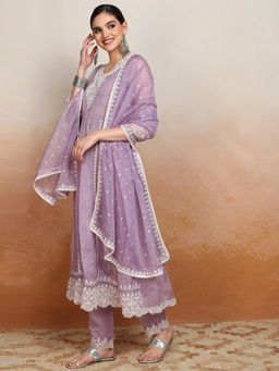 VISHUDH - Women Purple Printed Anarkali Kurta with Pant & Dupatta (Set of 3)