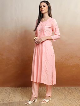 VISHUDH - Women Pink Floral Kurta with Pant (Set of 2)