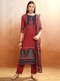 VISHUDH - Women Maroon Printed Kurta with Pant & Dupatta (Set of 3)