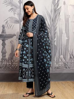 VISHUDH - Women Blue Floral Anarkali Kurta with Pant & Dupatta (Set of 3)