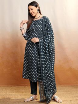 VISHUDH - Women Black Printed Kurta with Pant & Dupatta (Set of 3)