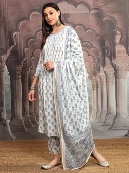 VISHUDH - Women Blue Floral Kurta with Pant & Dupatta (Set of 3)